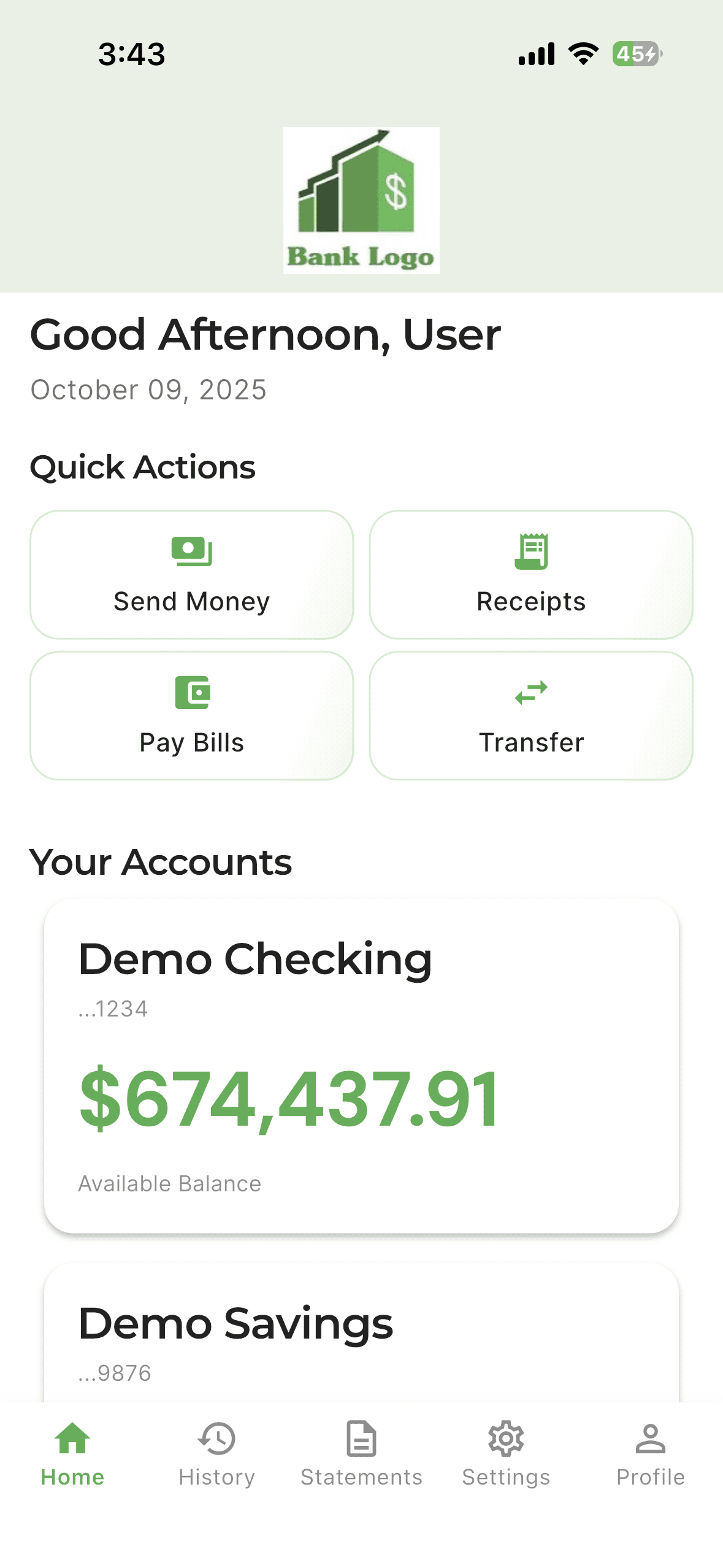 CustomBank banking simulator app dashboard on mobile showing realistic bank account interface with Quick Actions for Send Money, Receipts, Pay Bills, and Transfer features, Demo Checking account balance display, and professional banking app UI design